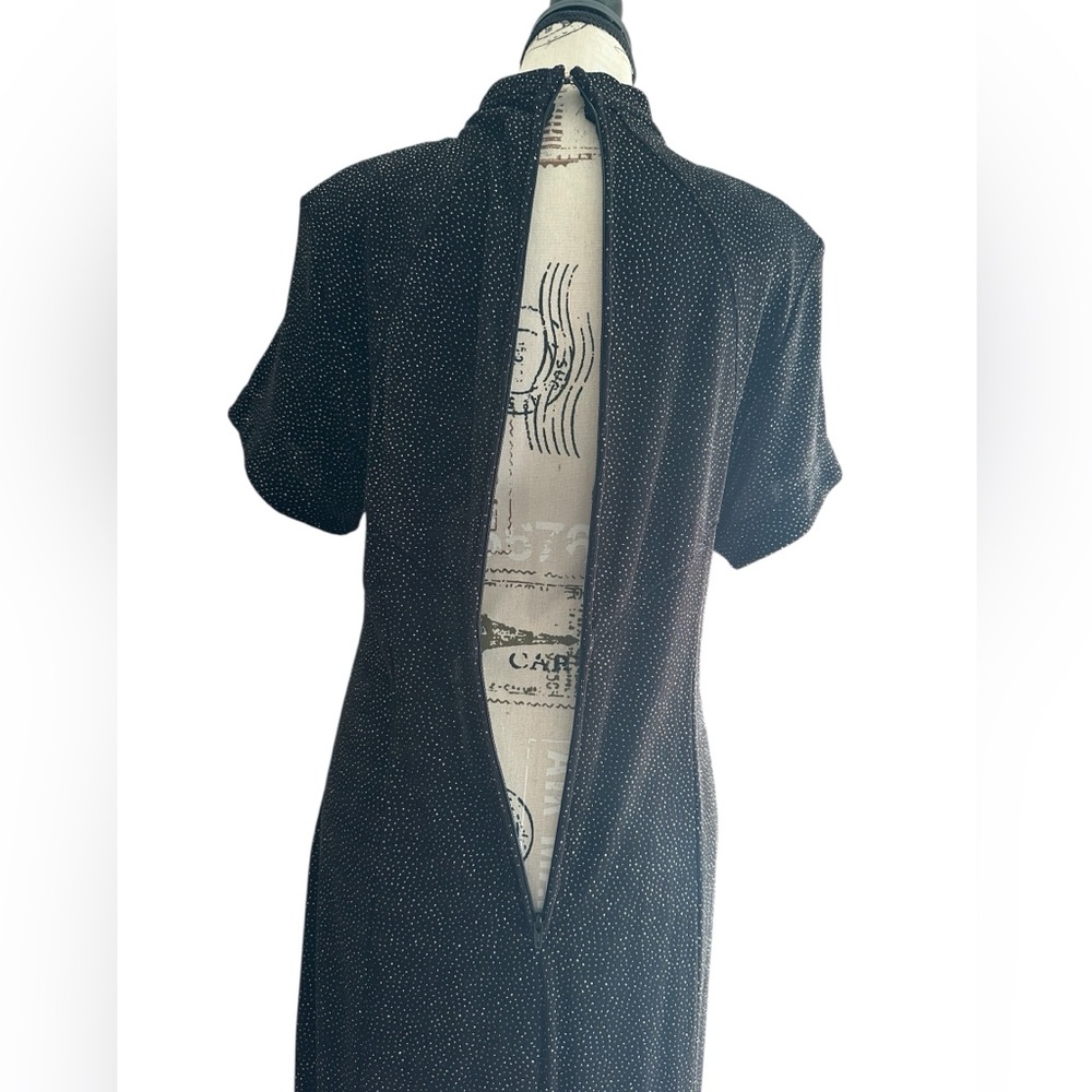 Vintage Night Way Black Sparkle Maxi Dress Keyhole Mesh Slit Y2K Evening Glam M - Picture 12 of 13